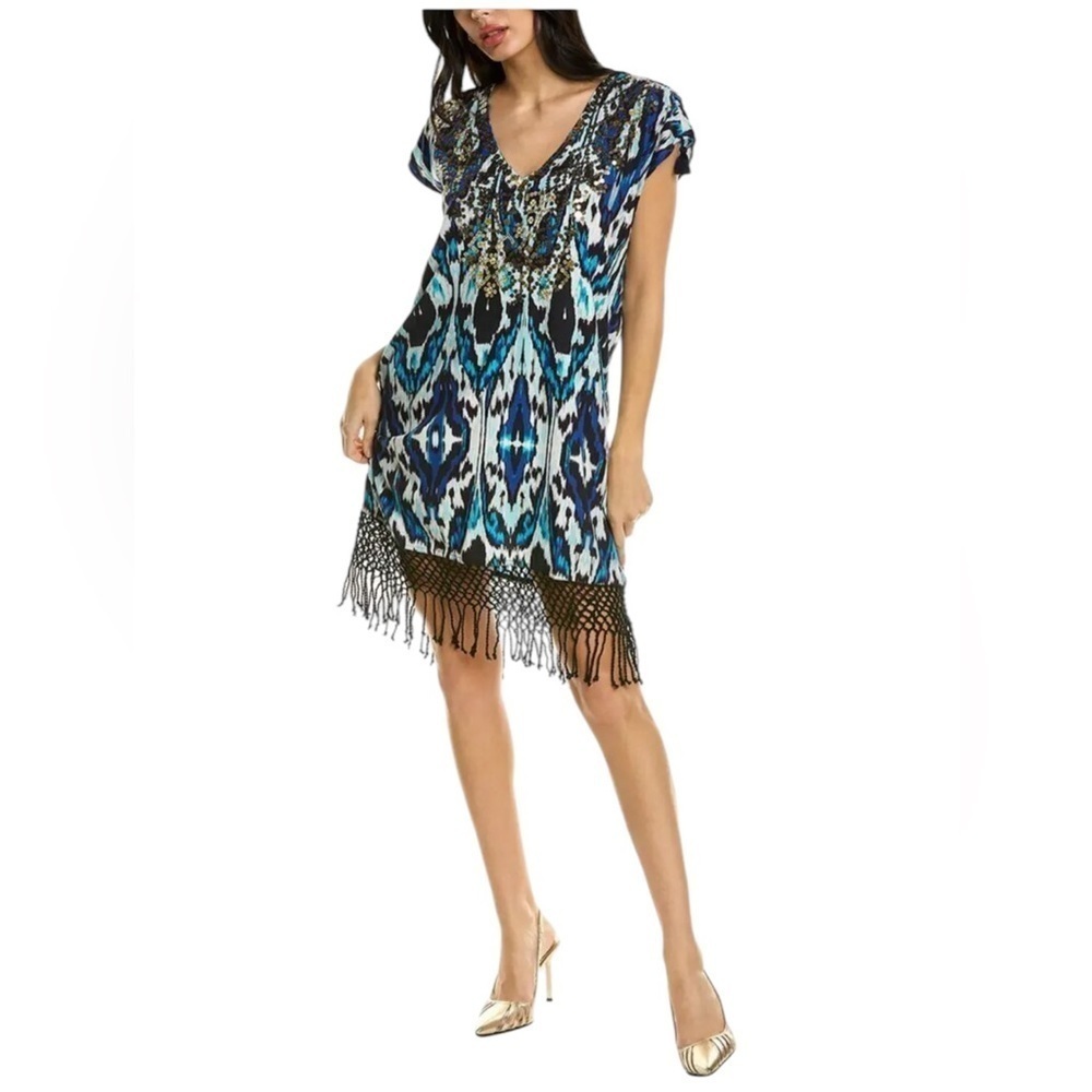 NWT Figue Anais Blue Ikat Party Mini Dress Women's Sequins Fringe Size Small